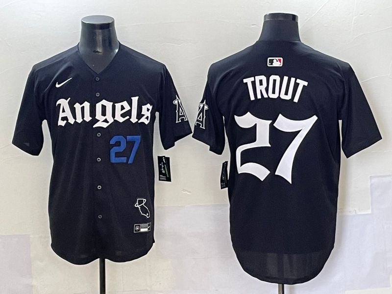 Men 2025 Los Angeles Angels #27 Trout Black Five generations Joint Name Nike MLB Jersey style 6->los angeles angels->MLB Jersey